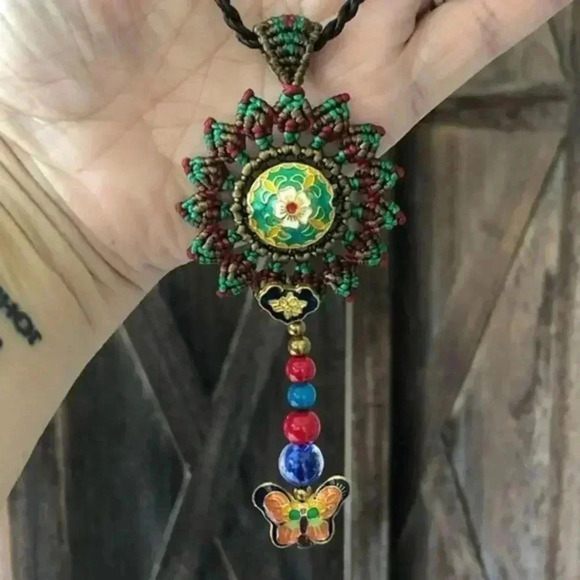 Ethnic Handmade Enamel Gold Butterfly Woven Necklace NWT - Picture 3 of 5